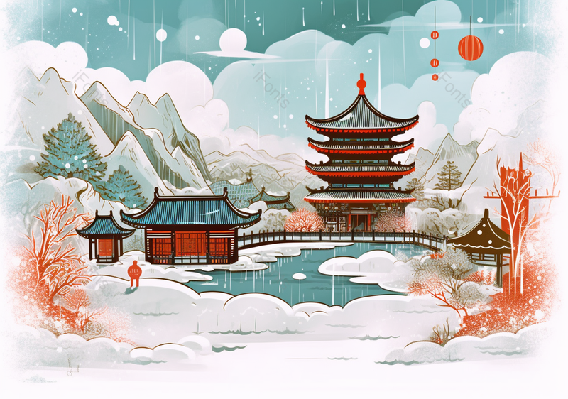 手绘大寒节气国风意境古典楼阁风景插画,插画/手绘图,插画/手绘图库,插画/手绘图下载,插画/手绘